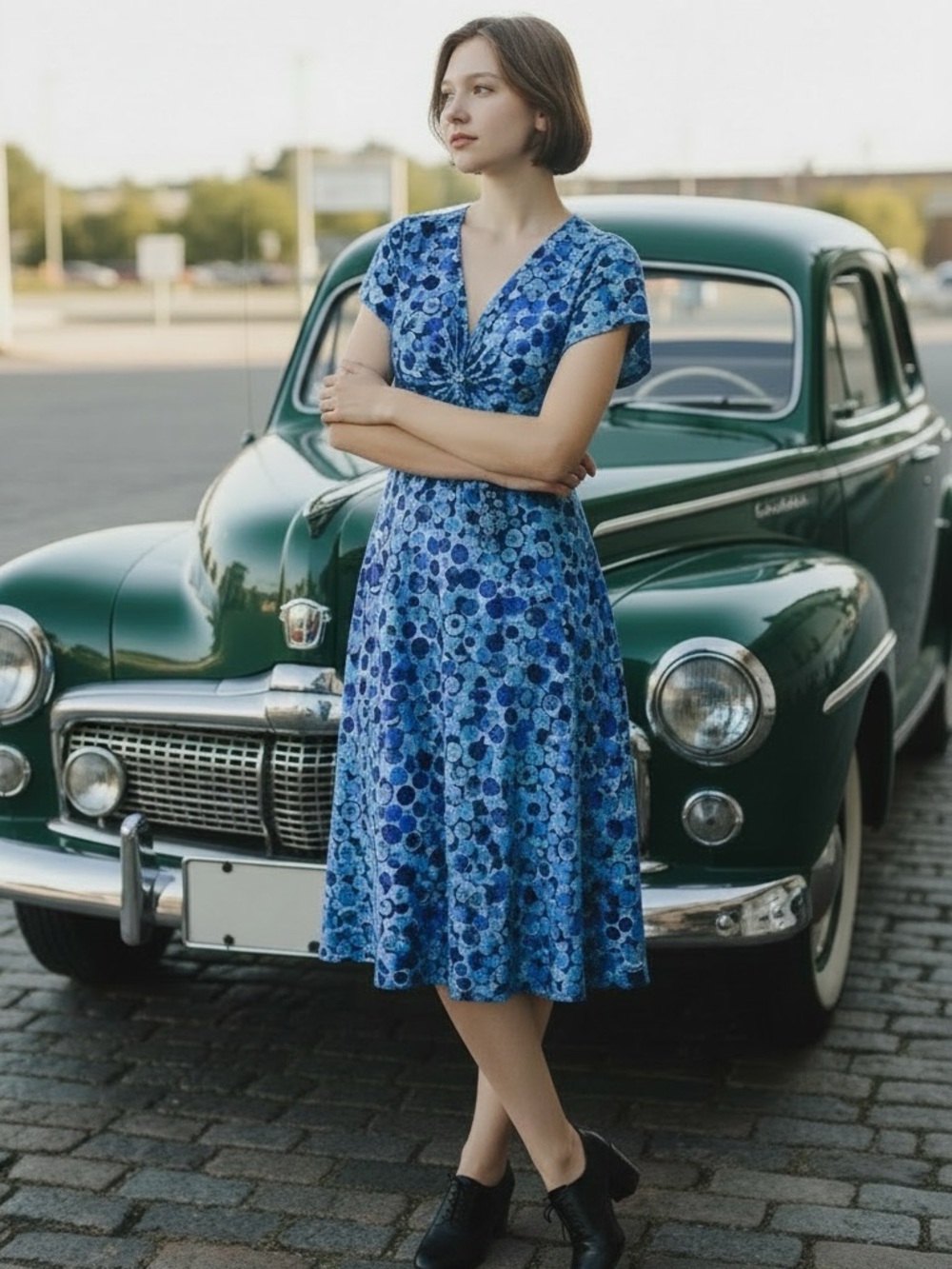 Retro 40s Silhouette Blue and Lavender Dot Swing Dress